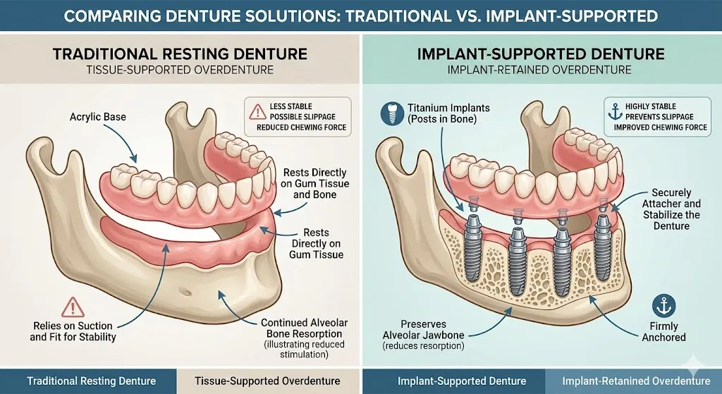 Comparison chart of dentures: Traditional resting denture relies on suction for stability, while implant-supported denture is anchored with titanium implants, providing stability and improved function.