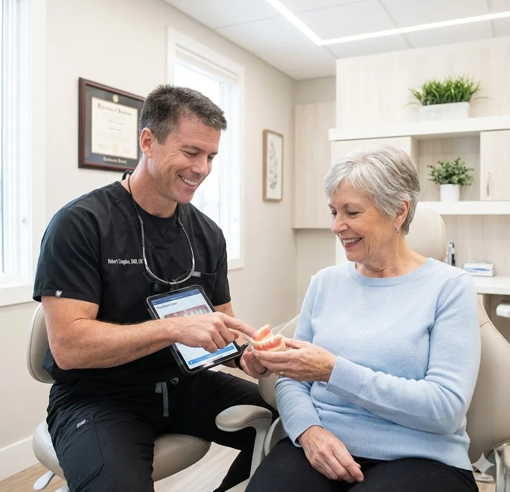 A dentist in black scrubs and holding a tablet smiles while explaining dental care using a model to an elderly woman in a light blue sweater.